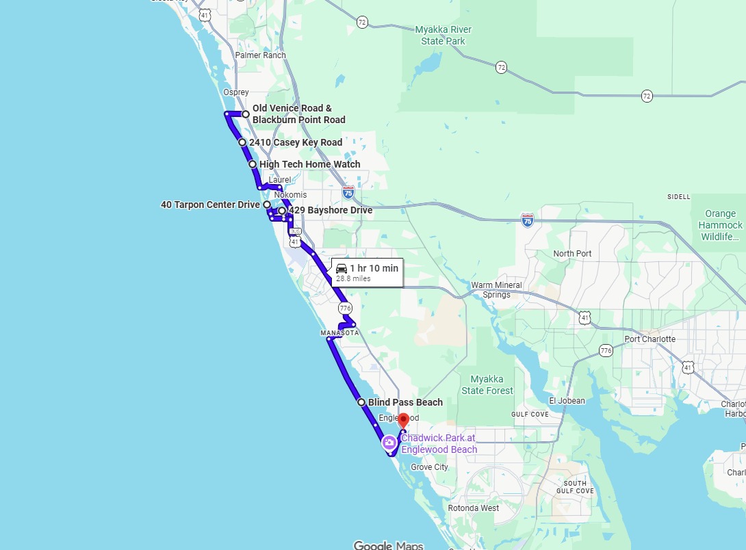 Map preview of the Casey Key Venice Manasota Key motorcycle ride