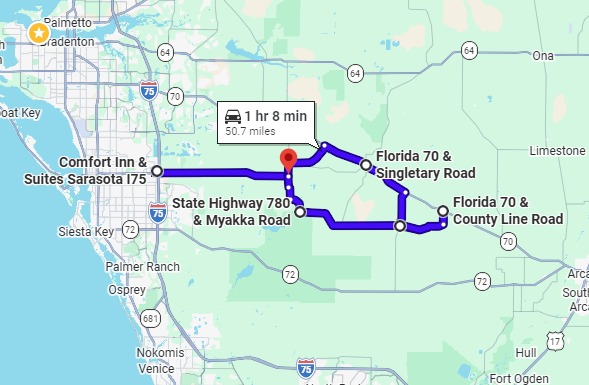 Google map preview of the Fruitville Loop motorcycle ride