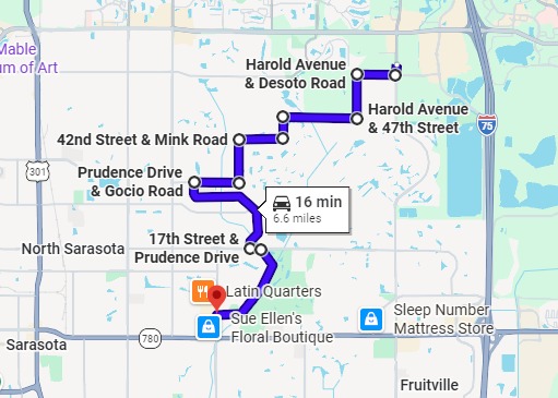 Map preview of the Mink motorcycle ride in Sarasota
