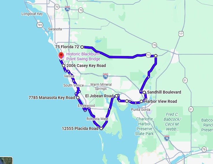 Map preview of the Port Charlotte Manasota Key Casey Key motorcycle ride